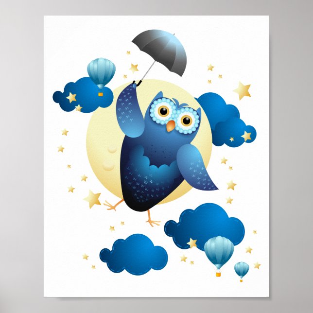 Affiche Cute Owl Flying with Umbrella  (Devant)