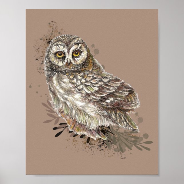 Affiche Cute Owl, Watercolor Bird Nature Taupe (Devant)