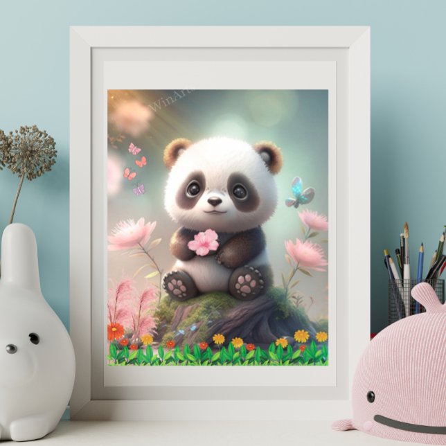 Affiche Cute Panda assis dans le jardin fleuri rose Art (Créateur téléchargé)