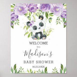 Affiche Cute Panda Purple Floral Vert Bambou Bienvenue