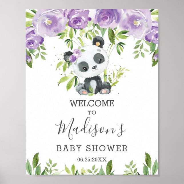 Affiche Cute Panda Purple Floral Vert Bambou Bienvenue (Devant)