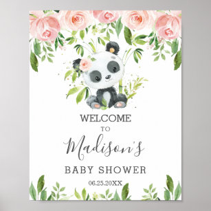 Affiche Cute Panda Rose Flore Vert Bambou Bienvenue