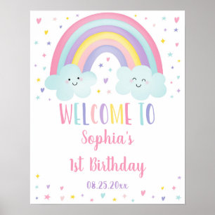 Affiche Cute Pastel Arc-en-ciel Nuages Fille Anniversaire