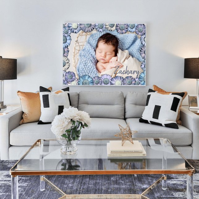 Affiche Cute Pastel Blue Daisy Baby Boy Nom Photo Nursery (Créateur téléchargé)