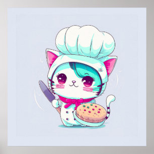 Affiche Cute pâtisserie boulangère Chef Chat avec gâteau e