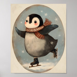 Affiche Cute Penguin Ice Skating | Nursery wall Art