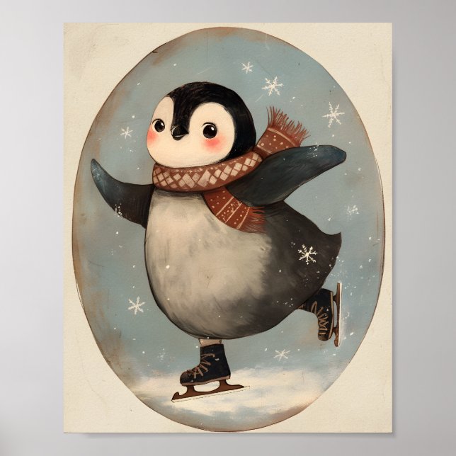 Affiche Cute Penguin Ice Skating | Nursery wall Art (Devant)