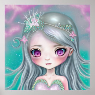 Affiche Cute Petite Sirène mignonne turquoise visage cadea