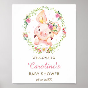 Affiche Cute Piggy Cochon Rose Baby shower Floral Bienvenu