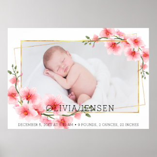 Affiche Cute Pink Gold Floral Watercolor Baby Girl Photo