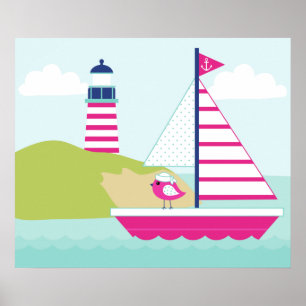 Affiche Cute Pink Sail Boat and Lighthouse