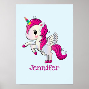 Affiche Cute Pink Unicorn with Wings