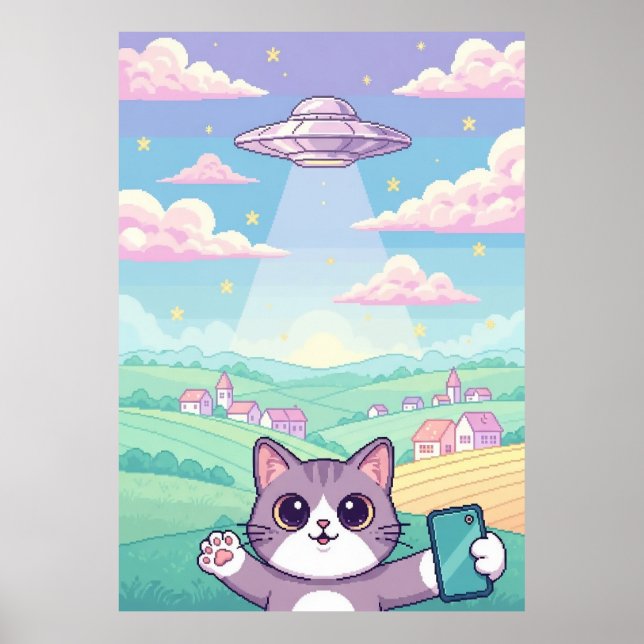 Affiche Cute Pixel Art Cat with UFO in Pastel Sky Kawaii (Devant)