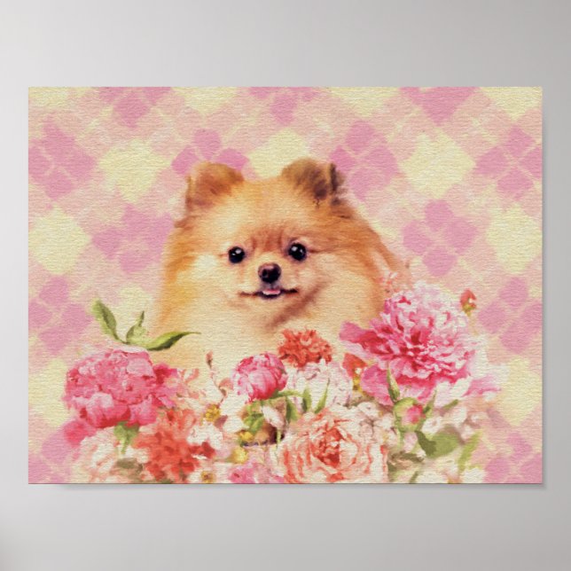 Affiche Cute Poméranian German Spitz with Flowers (Devant)