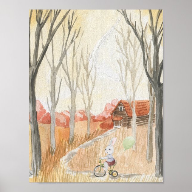 Affiche Cute Rabbit on A Bike With A Balloon Nursery (Devant)