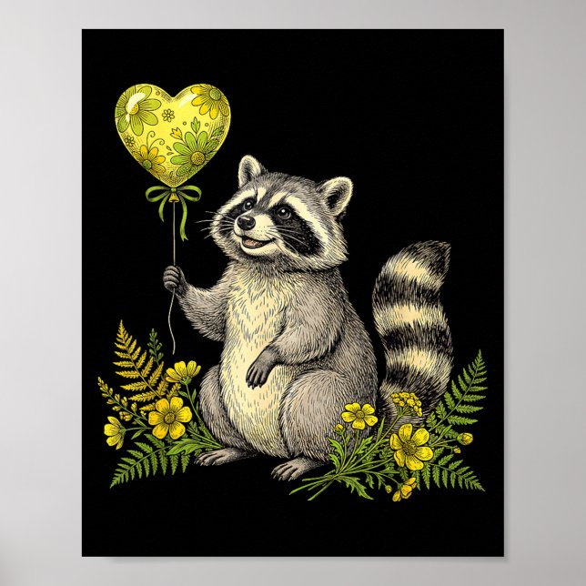 Affiche Cute Raccoon Balloon Heart Flowers Sweet Raccoon L (Devant)