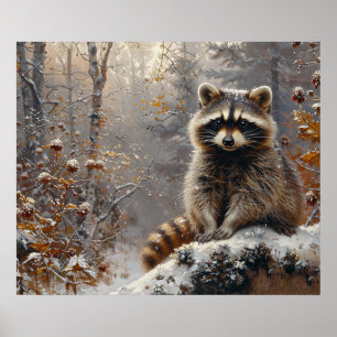 Affiche Cute Raccoon pendant la peinture à l'huile d'hiver