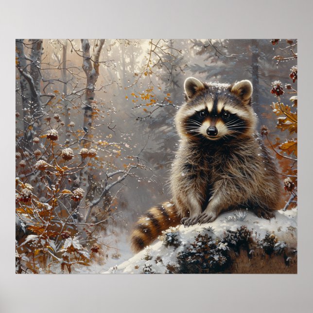 Affiche Cute Raccoon pendant la peinture à l'huile d'hiver (Devant)