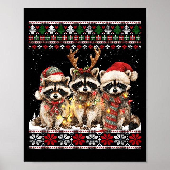 Affiche Cute Raccoon Santa Christmas Lights Ugly Xmas Swea (Devant)