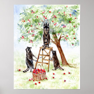 Affiche Cute Raccoons dans Apple Orchard