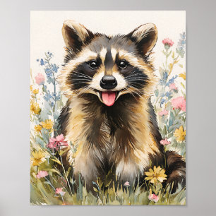 Affiche Cute Racoon en Fleur sauvage - Aquarelle Animal Wa