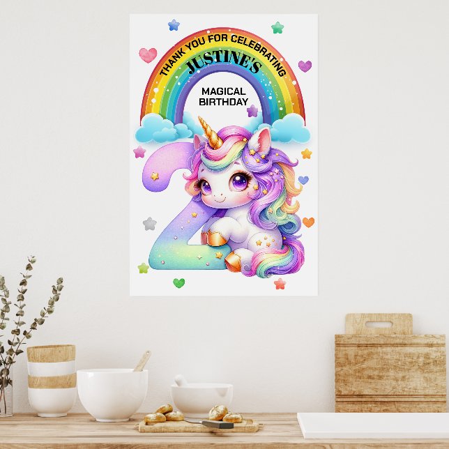 Affiche Cute Rainbow et Unicorn 2e fête d'anniversaire (Cuisine)