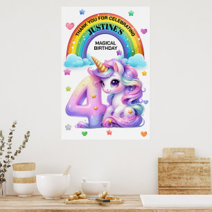 Affiche Cute Rainbow et Unicorn 4e fête d'anniversaire