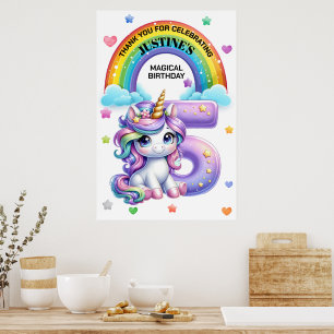 Affiche Cute Rainbow et Unicorn 5e fête d'anniversaire