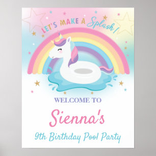Affiche Cute Rainbow Unicorn Pool Anniversaire Bienvenue