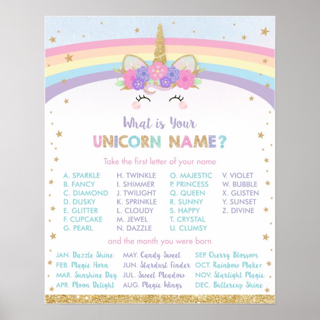 Affiche Cute Rainbow What Your Unicorn Name Jeu Sign (Devant)