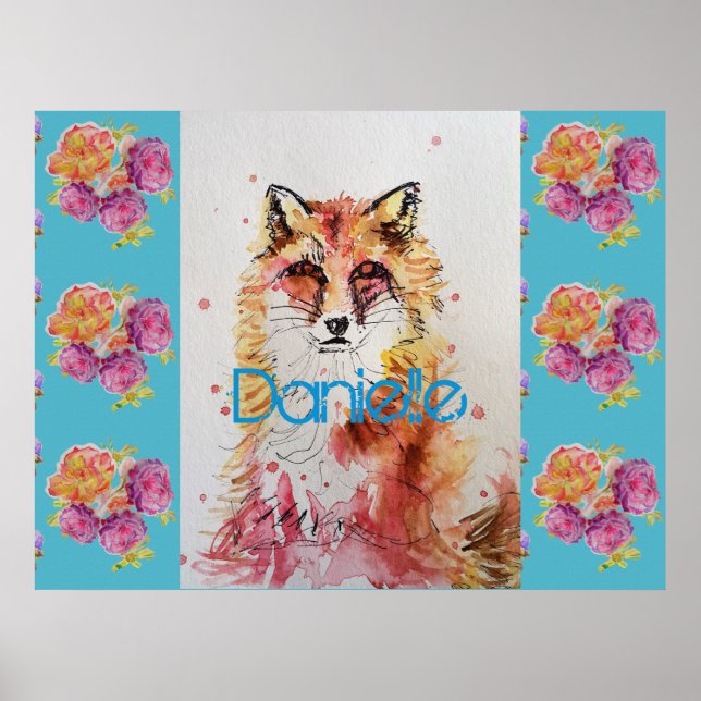 Affiche Cute Red Fox Animal Turquoise Rose Roses (Devant)