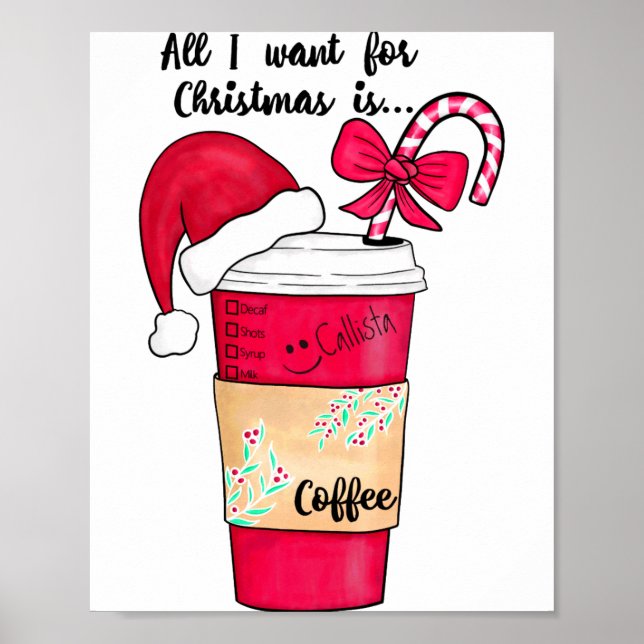 Affiche Cute Red Santa Hat Coffee Candy Cane Christmas  (Devant)
