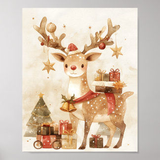 Affiche Cute Reindeer with Christmas Gifts Wall Art Decor