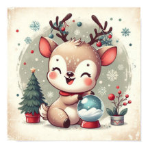 Cute Reinder Avec Snowglobe Kids Room Wall Art