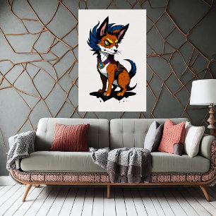 Affiche Cute Renard cartonné avec cheveux bleus   Art AI