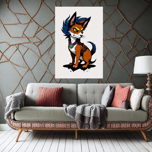 Affiche Cute Renard cartonné avec cheveux bleus | Art AI (Créateur téléchargé)