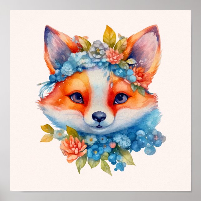Affiche Cute Renard orange avec Couronne florale (Devant)
