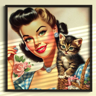Affiche Cute Retro Girl and Kitten
