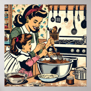 Affiche Cute Retro Maman et Fille Cuisiner ensemble
