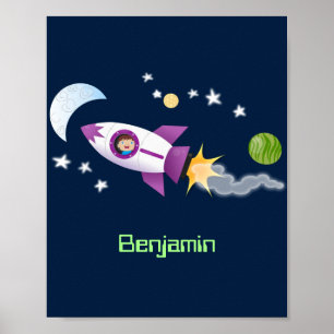 Affiche Cute rocket ship in space cartoon illustration