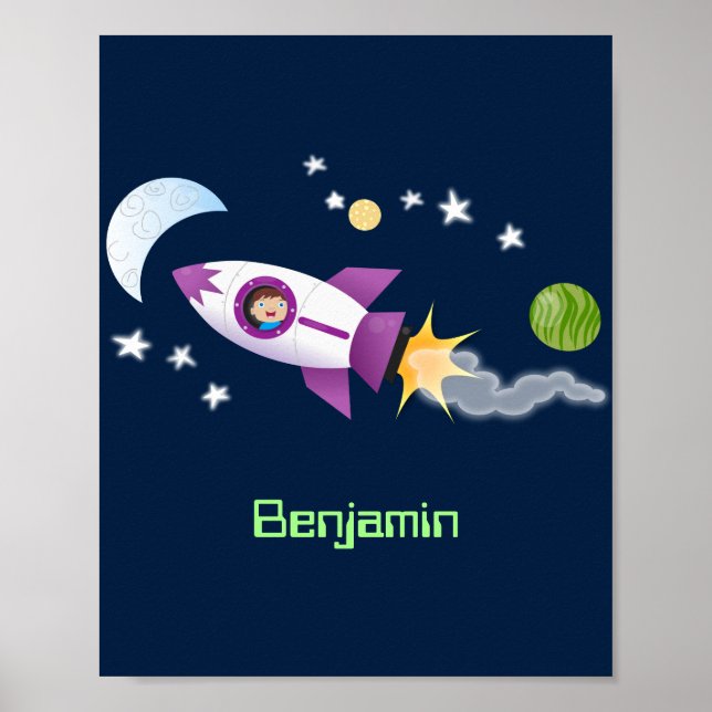 Affiche Cute rocket ship in space cartoon illustration (Devant)