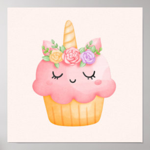Affiche Cute rose Cupcake Unicorn avec Rose