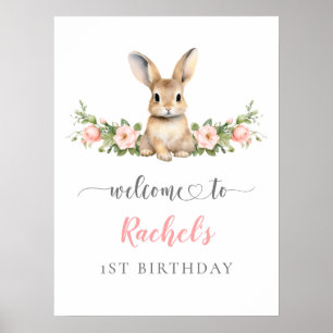 Affiche Cute rose Floral Bunny Girl 1er anniversaire Bienv