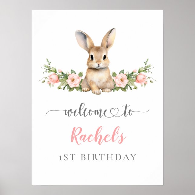 Affiche Cute rose Floral Bunny Girl 1er anniversaire Bienv (Devant)