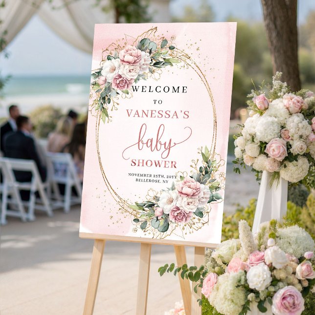 Affiche Cute Rose Gold Floral Baby Shower Welcome Sign (Cute Rose Gold Floral Baby Shower Welcome Sign)