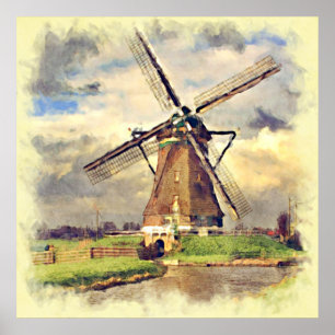 Affiche Cute Russe Vintage Hollandais Windmill Aquarelle