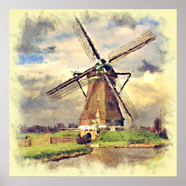 Affiche Cute Russe Vintage Hollandais Windmill Aquarelle (Devant)