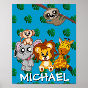 Affiche Cute Safari Animaux Caricature Jungle Nom Bleu