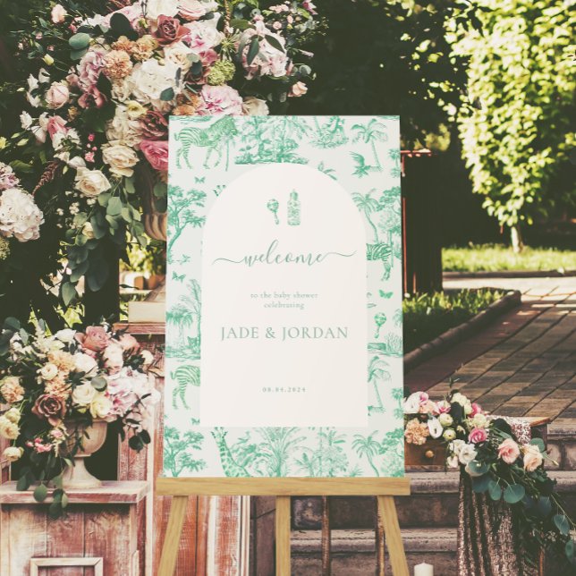 Affiche Cute Safari Toile de Jouy | Baby shower à la menth (Créateur téléchargé)