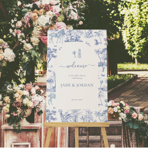 Affiche Cute Safari Toile de Jouy Baby shower bleu